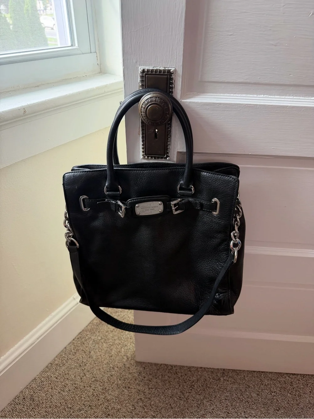 Michael Kors Black Leather Satchel with Silver Chain Accent